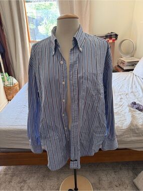 Nautica Blue and White Striped Button-Down Shirt with Red Accents